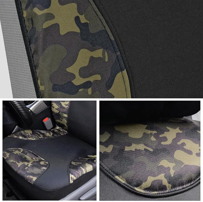 BDK Waterproof Camo Seat Covers for Car Truck Van SUV, 2 Pack – Two-Tone Black & Camouflage, Durable Neoprene Seat Protectors, Sideless Design Compatible with Armrests and Airbags