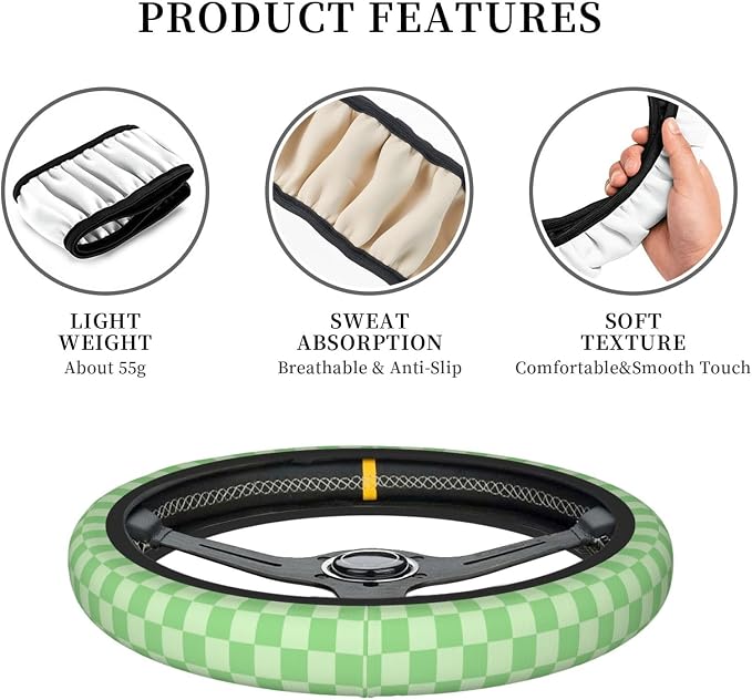 Light Green Steering Wheel Cover for Women,Universal Auto Steering Wheel 14-15 Inch Car Interior Accessories with 2PCS Car Coasters,Suitable for Men and Women