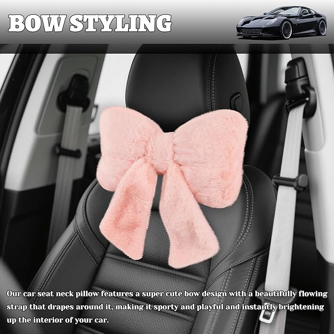 Furry Bow Car Headrest Pillow,Soft & Comfortable Car Neck Pillow for Cars Decorations & Fatigue Relief,Universal Head Rest Pillows for Cars Interior Accessories for Trucks,SUVs (Pink)