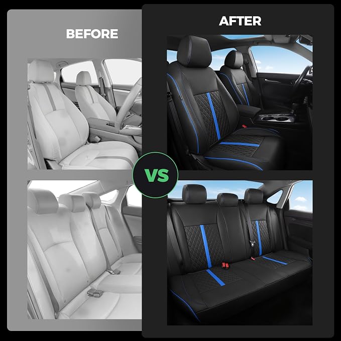 for Honda Civic Leather Seat Covers, Sedan LX 2016 2017 2018 2019 2020 2021, Custom Fit Car Seat Cover Full Set, Waterproof Accessories, Black Blue (Solid Bench Seats- W/O Rear Armrest)