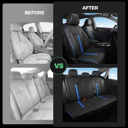 for Honda Civic Leather Seat Covers, Sedan LX 2016 2017 2018 2019 2020 2021, Custom Fit Car Seat Cover Full Set, Waterproof Accessories, Black Blue (Solid Bench Seats- W/O Rear Armrest)
