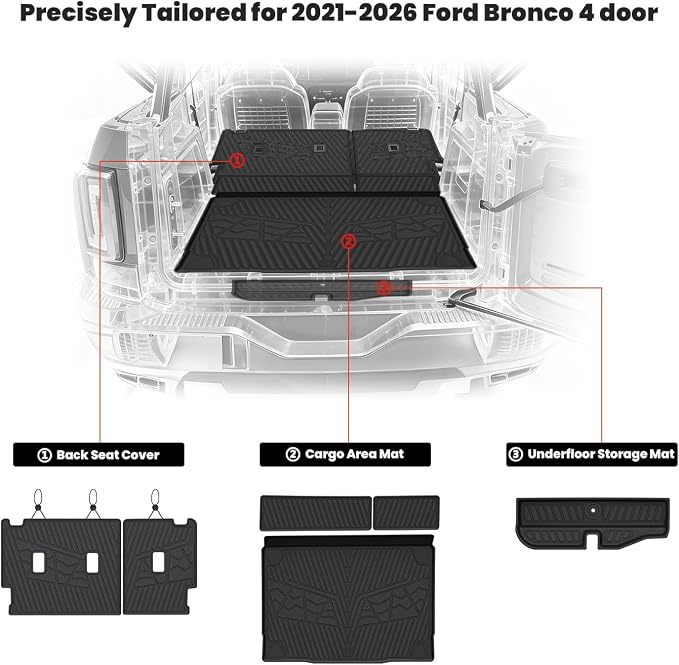 LASFIT Cargo Mat+Rear Back Seat Protector+Underfloor Storage Mat for Ford Bronco 4-Door 2021-2026(Not Fit Bronco Sport) TPE All Weather Trunk Liners Waterproof Backrest Mat Custom Fit Easy Clean