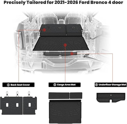 LASFIT Cargo Mat+Rear Back Seat Protector+Underfloor Storage Mat for Ford Bronco 4-Door 2021-2026(Not Fit Bronco Sport) TPE All Weather Trunk Liners Waterproof Backrest Mat Custom Fit Easy Clean
