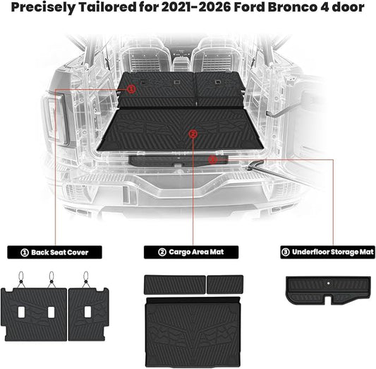 LASFIT Cargo Mat+Rear Back Seat Protector+Underfloor Storage Mat for Ford Bronco 4-Door 2021-2026(Not Fit Bronco Sport) TPE All Weather Trunk Liners Waterproof Backrest Mat Custom Fit Easy Clean