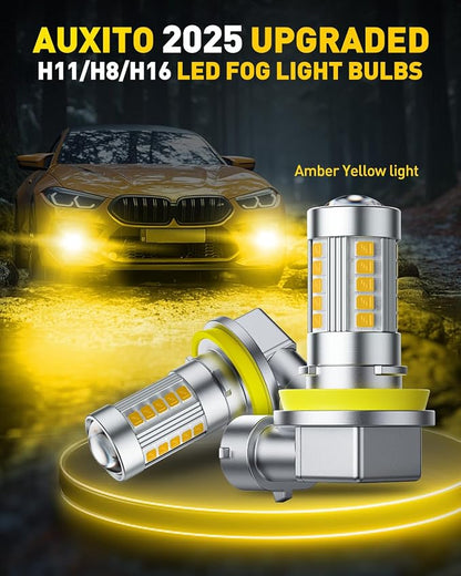 AUXITO Upgraded H11/H8 LED Fog Light Bulbs, 3000K Amber Yellow, 1:1 Mini Size H11/H8/H16 Yellow LED Fog Light Bulbs, 360° Full Illumination(Pack of 2)