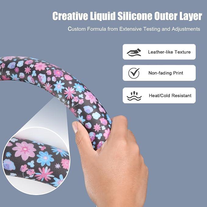 Floral Print Steering Wheel Cover with Silicone Inner Ring, Non-Toxic, Odorless Silicone Leather with Non-Fading Pattern for Men Women, Universal 14.5 to 15 Inch (Flower Print)