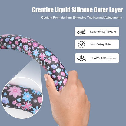Floral Print Steering Wheel Cover with Silicone Inner Ring, Non-Toxic, Odorless Silicone Leather with Non-Fading Pattern for Men Women, Universal 14.5 to 15 Inch (Flower Print)