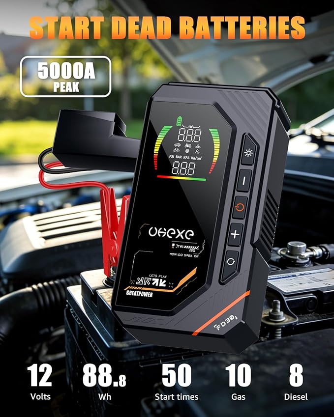 5000A Jump Starter with 160PSI Air Compressor, 88.8Wh Portable Tire Inflator, LED Display for 10.0L Gas and 9.0L Diesel, 12V Portable Jump Box with LED Light (Black)