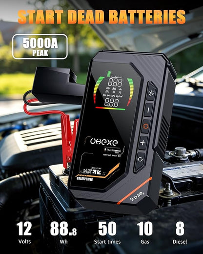 5000A Jump Starter with 160PSI Air Compressor, 88.8Wh Portable Tire Inflator, LED Display for 10.0L Gas and 9.0L Diesel, 12V Portable Jump Box with LED Light (Black)
