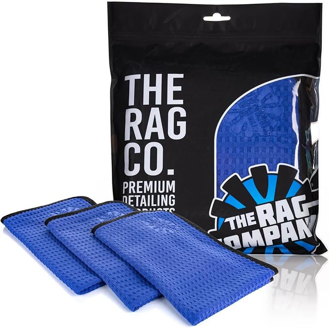 The Rag Company Dry Me A River, Professional Korean 70/30 Blend Microfiber Waffle-Weave Drying & Detailing Towels, Soft Suede Edges, 390 GSM, 16x24 Inches, Royal Blue, 3-Pack