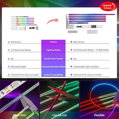 Dreamcolor Acrylic Car Interior Lights 18 in 1 RGB Car Ambient Lighting Kit APP Control Zoned Control System 252 Color Modes DIY 16 Million Colors Music Sound Active Neon Light Kits New Version