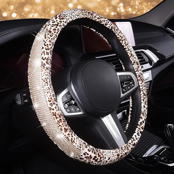 AUTOYOUTH Leopard Print Steering Wheel Cover - Bling Crystal Rhinestones Cheetah Print on PVC Leather Non-Slip Breathable Design for Women/Girls Universal Fit 14.5-15 Inch