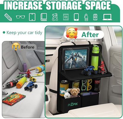 Plzpik Car Backseat Organizer with Tray(1Pack),13Storage Pockets with Foldable Food Tray, Protector Kick Mats for Kids, Travel Accessories Organizer (Black)