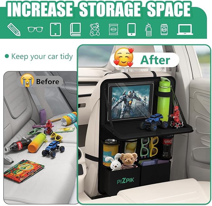 Plzpik Car Backseat Organizer with Tray(2Pack),13 Storage Pockets with Foldable Food Tray, Protector Kick Mats for Kids, Travel Accessories Organizer (Black)