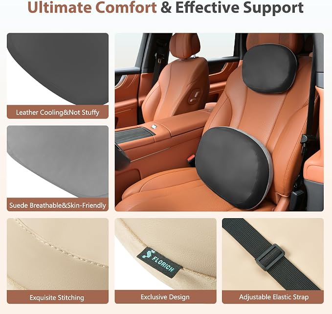 FLORICH Car Headrest and Lumbar Support Pillow for Car Office Chair, Double-Sided Skin-Friendly Suede & Leather Car Seat Pillow and Back Support, Pressure-Relieving Back Support for Car, Office Chair
