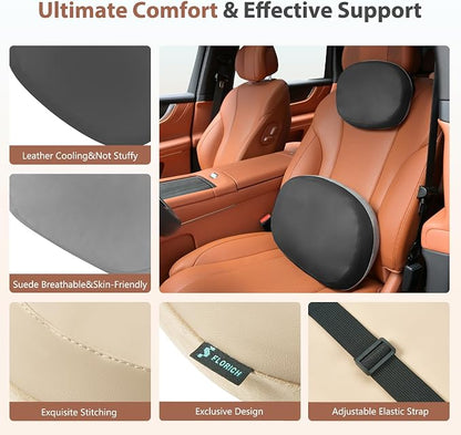 FLORICH Car Headrest and Lumbar Support Pillow for Car Office Chair, Double-Sided Skin-Friendly Suede & Leather Car Seat Pillow and Back Support, Pressure-Relieving Back Support for Car, Office Chair