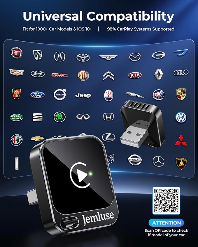 Jemluse Wireless CarPlay Adapter for Apple - Mini Size, Fast Stable Connection Convert Wired to Wireless Car Play Dongle for iPhone iOS 10+, Plug & Play for Cars from 2016+ w/USB-C(Onyx)