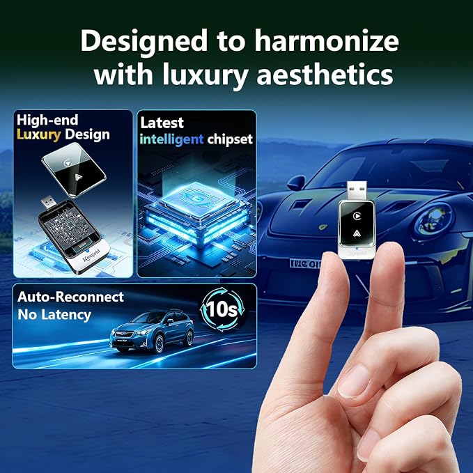 CrystalSync Elite Wireless CarPlay Adapter for Apple i-Phone i-OS 10+ and Android Auto, Mini Edition, Converts Factory Wired to Wireless, Plug and Play