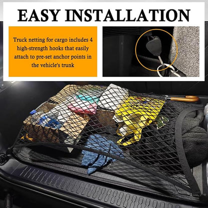 Upgrade Cargo Net for SUV with 4 Hooks,Stretchy 32x23 to 63x47 Elastic Trunk Net for SUV,Essential Automotive Cargo Nets as Trunk Organizer for Securely Fastening Items