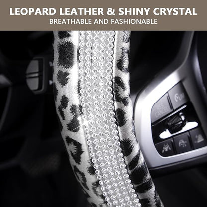 AUTOYOUTH Leopard Steering Wheel Cover - Bling Crystal Rhinestones Cheetah Print on Leather Non-Slip Breathable Design for Women/Girls Universal Fit 14.5-15 Inch(Black & Silver)
