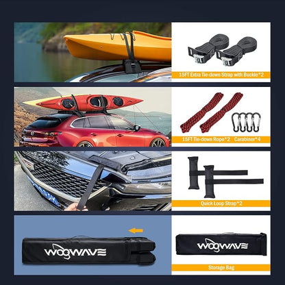 WOOWAVE Premium Kayak Roof Rack Pads Universal Soft Car Roof Rack Carrier for Canoe/Surfboard/Paddleboard/SUP/Snowboard with 6 Tie Down Straps, 2 Tie Down Rope, 2 Quick Loop Strap and Storage Bag