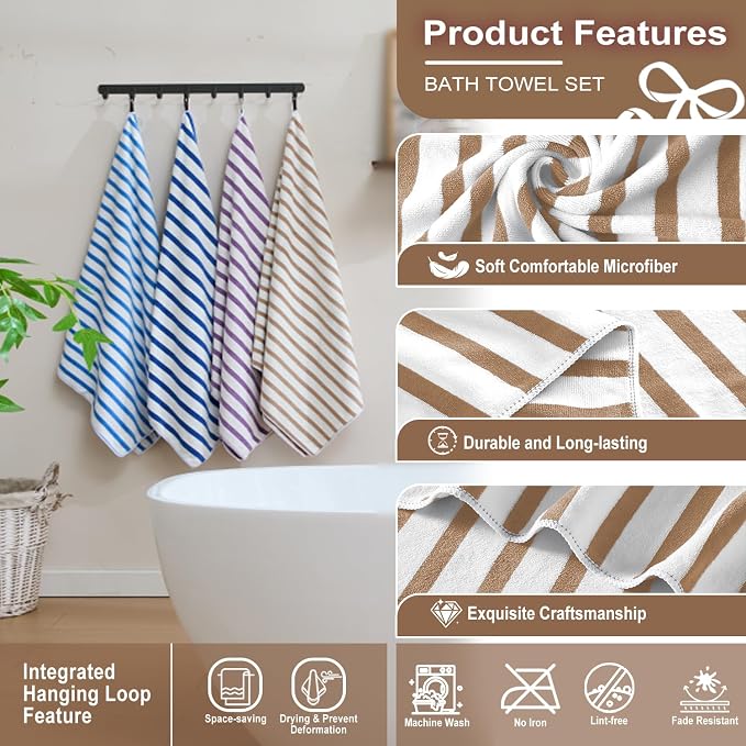 JML Microfiber Towels, Bath Towel Sets (4 Pack, 27" x 55") - Extra Large, Soft, Absorbent, Fast Drying, Multipurpose for Hair Wrap, Swimming, Fitness, Sports, Yoga -Stripe Coffee