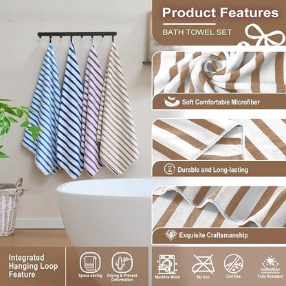 JML Microfiber Towels, Bath Towel Sets (4 Pack, 27" x 55") - Extra Large, Soft, Absorbent, Fast Drying, Multipurpose for Hair Wrap, Swimming, Fitness, Sports, Yoga -Stripe Coffee