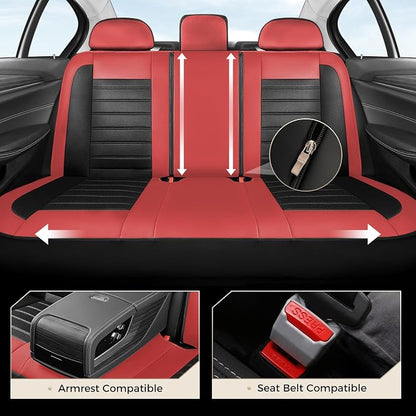 Coverado Car Seat Covers Full Set, Luxury Leather Car Seat Covers, Automotive Front and Rear Mesh Seat Covers, Full Set 5 Seats, Black Red Seat Covers for SUV Sedan Truck