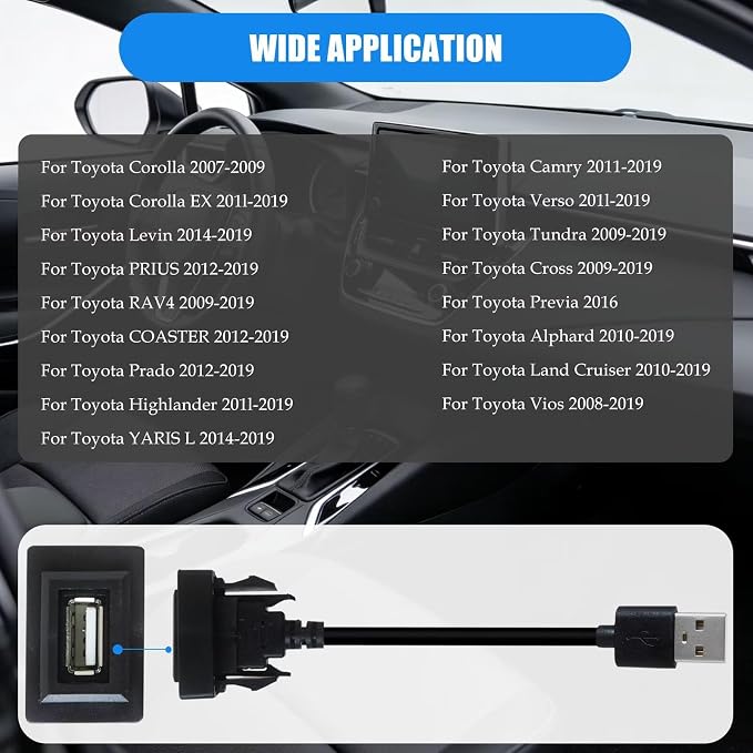 New Male to Female USB Power Socket Adapter, USB Port Car Charger Compatible with Toyota Camry 2011–2019