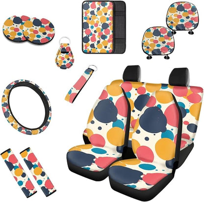 Colorful Polka Dots 13 PCS Car Seat Covers, Irregular Circle Auto Accessories Steering Wheel Cover Cup Mats, Modern Novelty Spots Front Rear Seat Covers Coaster