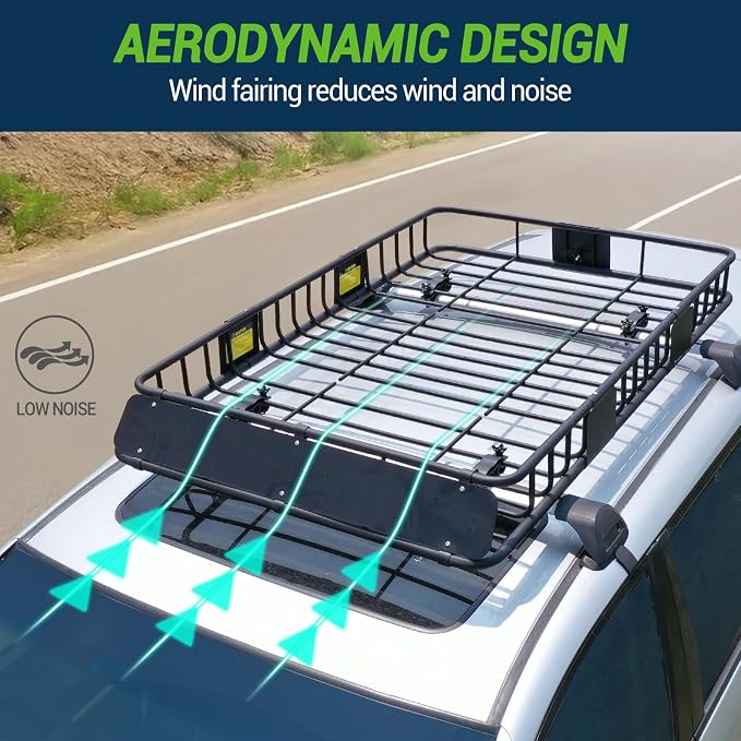 Season Guard Roof Rack Cargo Carrier Basket, 64" x 39" x 4" Heavy Duty Steel Rooftop Luggage Rack with Extension & Wind Fairing, Universal Car Top Storage for SUV, Truck, Jeep, Van, Camping Travel