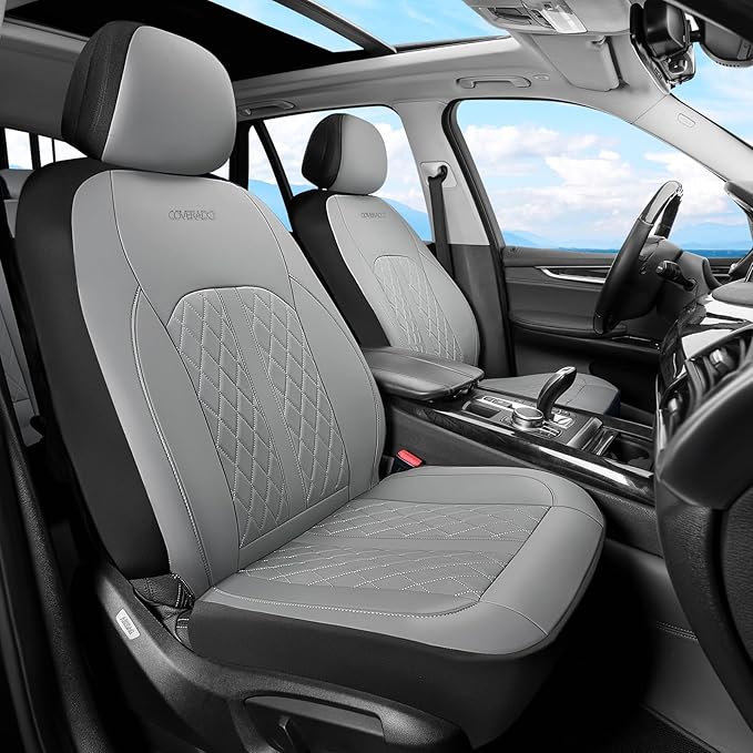 Coverado Universal Leather Seat Covers Front Seats, 2-Pack Seat Covers for SUV, Pickup Truck, Sedan, Automotive Vehicle Interior, Waterproof and Durable All Weather Protector，Gray