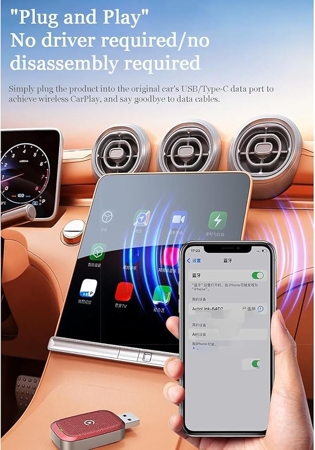 Wireless CarPlay Adapter 2-in-1 for Mitsubishi L200 Warrior/Barbarian/Design, USB Design Plug and Play Bluetooth Fast Connection Car Accessories,B-White