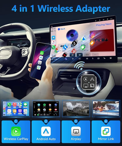 2026 4 in 1 Mini Wireless CarPlay Android Auto Adapter, Support AirPlay MirrorLink, Convert Wired to Wireless, Auto Connect for Daily Commute, Plug and Play Dongle (Gunmetal Grey)