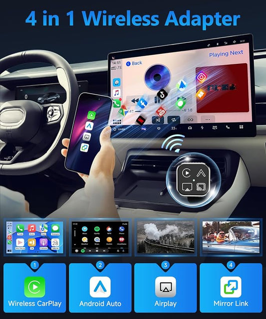 2026 4 in 1 Mini Wireless CarPlay Android Auto Adapter, Support AirPlay MirrorLink, Convert Wired to Wireless, Auto Connect for Daily Commute, Plug and Play Dongle (Gunmetal Grey)