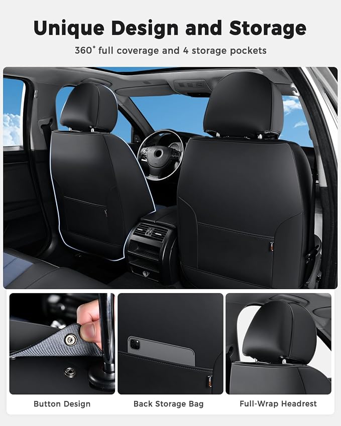 Huidasource Seat Covers Full Set, Universal Fit for Most Cars SUVs Trucks, Full Coverage Leather Seat Cover, Airbag, Cupholder Compatible, Seat Function Retain, Easy Install with Velcro, Black&Blue