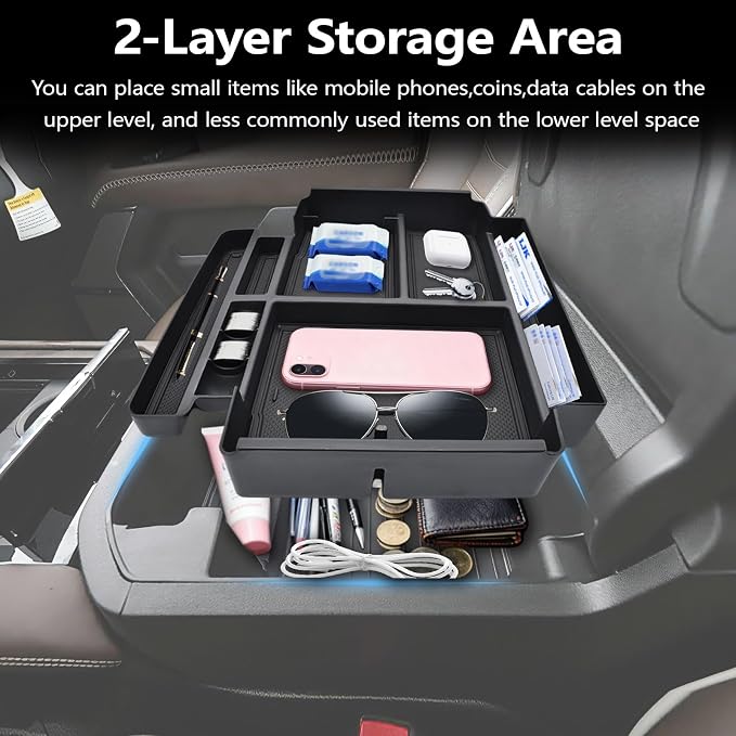 Center Console Organizer fit for 2021-2026 GMC YuKon Denali, Chevy Suburban/Tahoe Mini Compartments Design ABS Plastic Armrest Storage Box Insert Tray (ONLY for Power-Sliding Console)|Easy to Install|