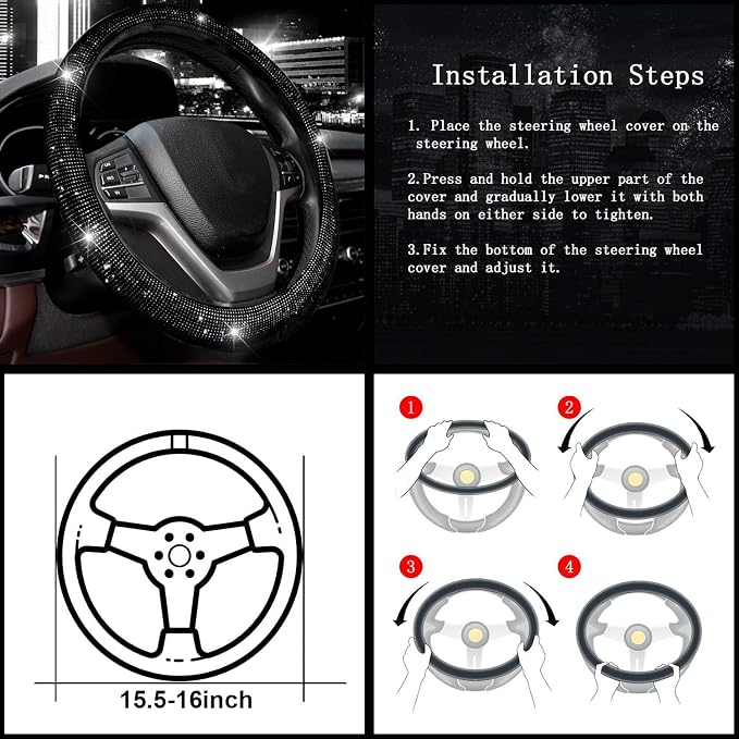 Valleycomfy Steering Wheel Cover for Women Bling Bling Crystal Diamond Sparkling Car SUV Wheel Protector Universal Fit 15 Inch Black with Pink Diamond
