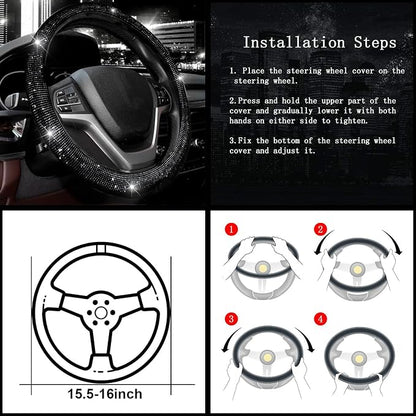 Valleycomfy Steering Wheel Cover for Women Bling Bling Crystal Diamond Sparkling Car SUV Wheel Protector Universal Fit 15 Inch Black with Pink Diamond