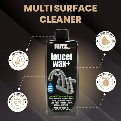 Flitz Faucet Wax Plus - 3.4oz Bottle of USA-Made, Water-Based Faucet Cleaner & Polisher for Water Stains, Fingerprints, & More - Metal Wax for Bronze, Nickel, Chrome, Brass - Granite Polish (1 Pack)