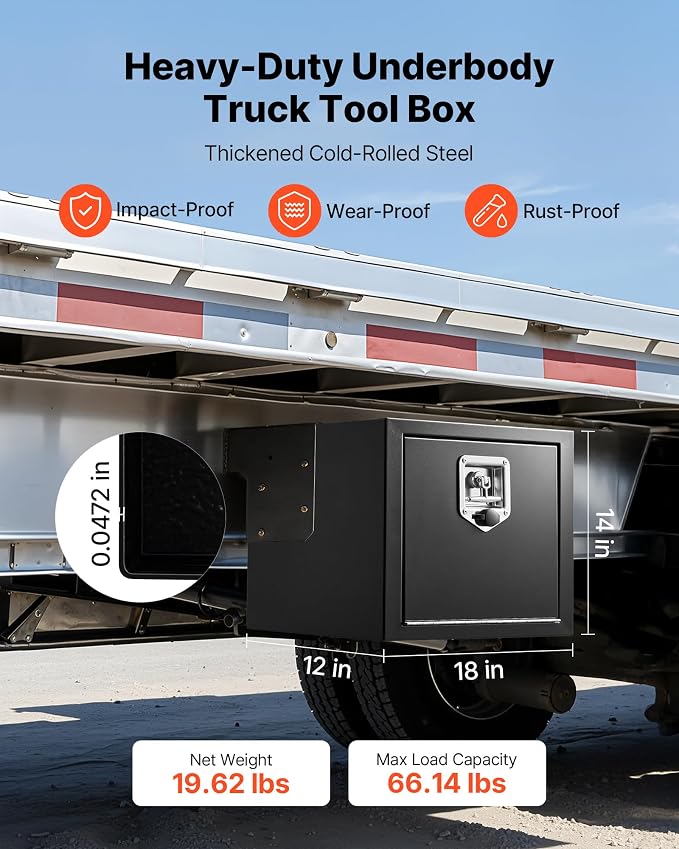 VEVOR Underbody Truck Tool Box, 18 x 12 x 14 Inch Heavy Duty Steel Trailer Storage Box with Lock & Keys, Waterproof Trailer Storage Organizer Under Body Chest with T-Handle for Truck, Van, SUV, Black