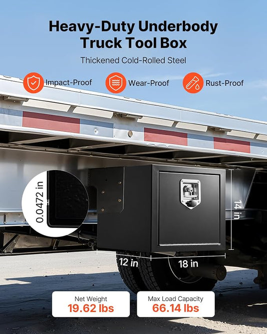 VEVOR Underbody Truck Tool Box, 18 x 12 x 14 Inch Heavy Duty Steel Trailer Storage Box with Lock & Keys, Waterproof Trailer Storage Organizer Under Body Chest with T-Handle for Truck, Van, SUV, Black