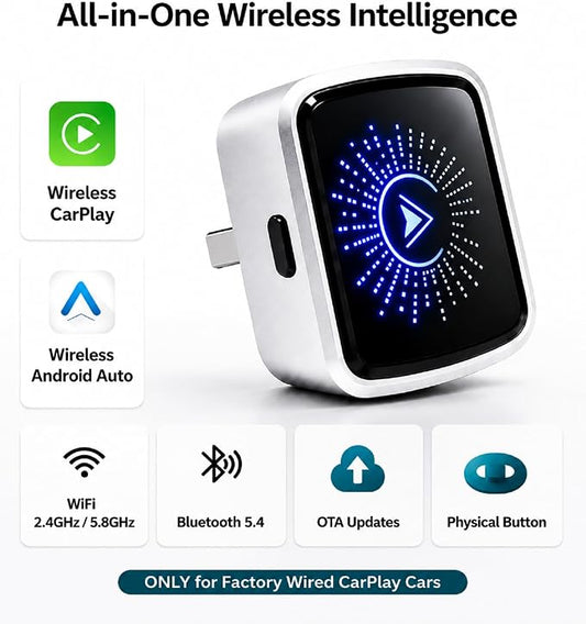 2-in-1 Wireless CarPlay Android Auto Adapter, Wired Car Only, Not BMW Tesla | Plug & Play USB for iPhone & Android, 5GHz WiFi BT5.4, Auto Reconnect, Button Control, Not for BMW Tesla, Modified Head Units