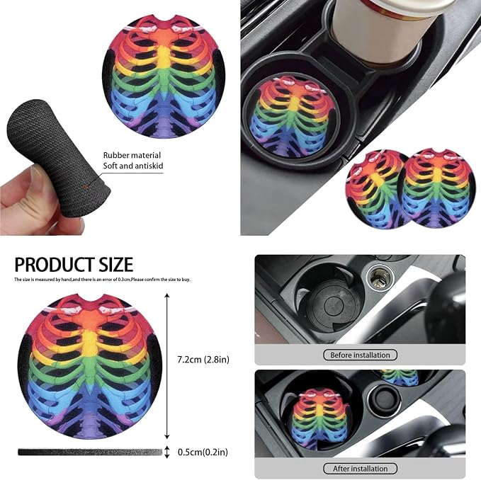 Skeleton Car Seat Covers Full Set, Rainbow Rib Cage Bucket Front Rear Seat Cover for SUV Sedan, LGBTQ Colorful Skeleton Halloween Seatbelt Pads Cup Mat Car Interior Protector