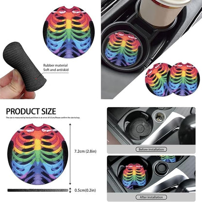 Skeleton Car Seat Covers Full Set, Rainbow Rib Cage Bucket Front Rear Seat Cover for SUV Sedan, LGBTQ Colorful Skeleton Halloween Seatbelt Pads Cup Mat Car Interior Protector
