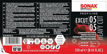 SONAX Profiline ExCut 05-05 | Heavy Cut Compound for Deep Scratch & Swirl Removal | High-Gloss Finish | Removes P1500 Sanding Marks, Scratches & Etching | Silicone-Free & Low Dust | 245141 | 250ml