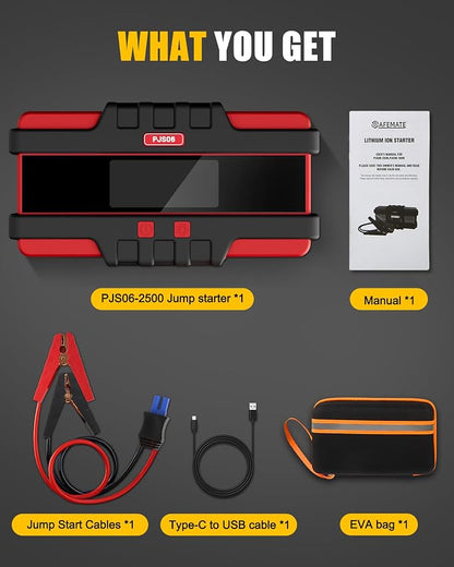 Battery Jumper Starter Portable, 2500A (12V) - Portable Booster Pack with Voltage Detection & Protection for Gas/Diesel (Up to 8.0L/6.5L)