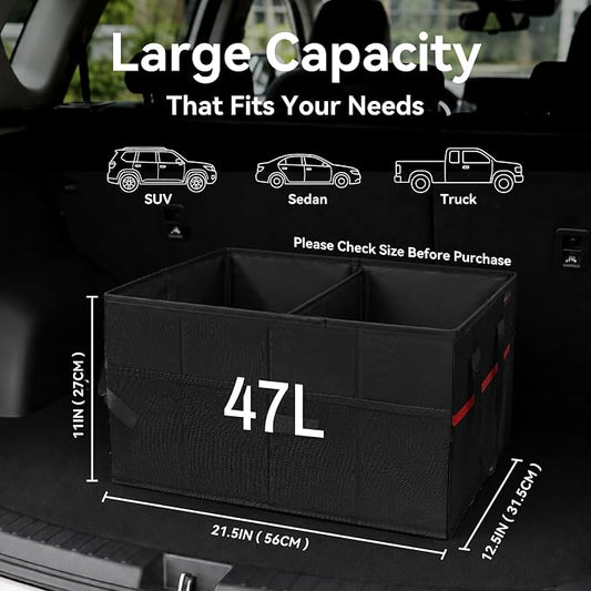 PAT SAM'S Car Trunk Organizer for SUV, Foldable Collapsible Storage Organizer with Dividers, Non-Slip Waterproof 600D Oxford, Backseat & Trunk Storage for Groceries, Tools, Toys (Black)