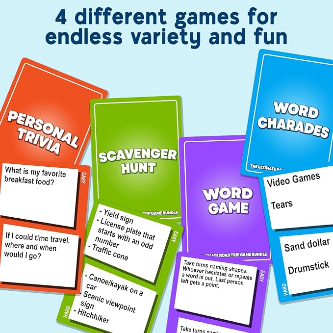 The Ultimate Road Trip Game Bundle, a 4-in-1 Travel Game and Car Game for Kids and Adults, Filled with Must-Have Road Activities