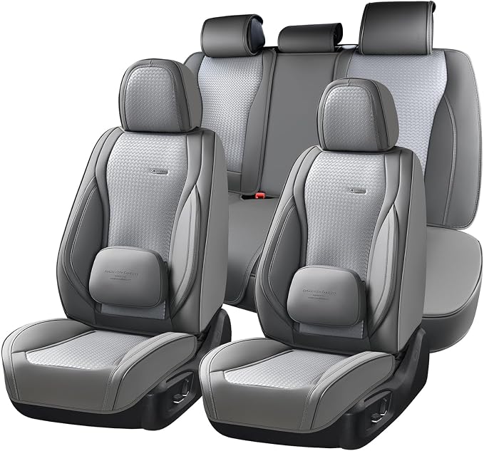 Coverado Car Seat Covers Full Set, Gray Seat Covers for Cars, Waterproof Nappa Leather Automotive Seat Covers with Lumbar Head Pillow, Car Seat Protectors, Universal Fit for Most Cars SUV
